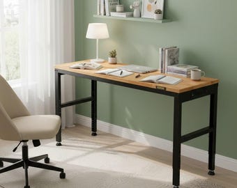 Adjustable Height Workbench Solid Wood Desk Heavy Duty Work Table Oak Top Workshop Table Home Office Standing Desk