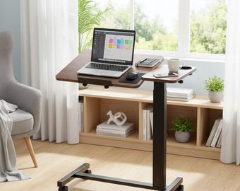 Overbed Table Adjustable Laptop Desk Mobile Bedside Table Rolling Desk With Wheels Tilting Top Home Office Study Table