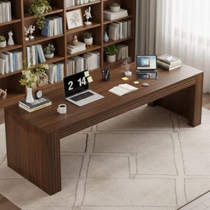 May include: A large, dark brown wooden desk with a ribbed design, holding two laptops, books, and a coffee cup. The desk is in front of a bookshelf filled with books and decorative items. A rug with a geometric pattern is beneath the desk.