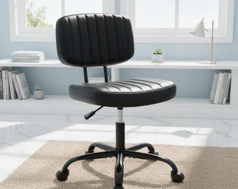 Silla de oficina sin brazos, silla de escritorio ergonómica de cuero sintético, silla de ordenador con altura ajustable, ruedas giratorias y soporte lumbar.