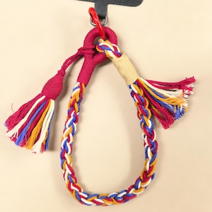 May include: A braided rope dog toy with a red, yellow, blue, and white pattern. The toy has two tassels with matching colors and a red metal ring for hanging.
