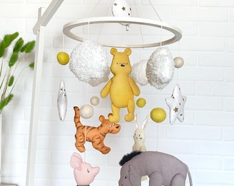Classic Winnie the Pooh Baby Mobile, Nursery Decor, Boucle Clouds, Baby Shower Gift