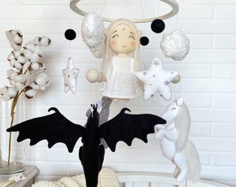 Black and Wihte Baby Mobile, Nursery Decor, Dragon, Elf Girl, LOTR Baby Shower Gift
