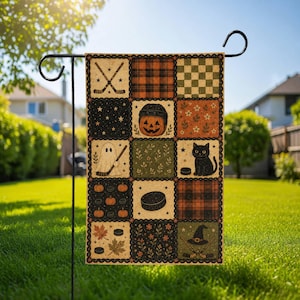 Halloween Hockey Fall Garden Flag, Cat Ghost Pumpkin Sports Patchwork Yard Decor