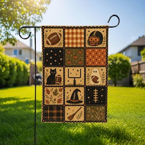 Halloween Football Garden Flag, Cat Ghost Pumpkin Sports Patchwork Autumn Yard Decor