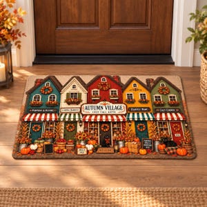 Peut inclure: Un paillasson rectangulaire illustrant une rangée de cinq boutiques intitulée Autumn Village. La scène présente des citrouilles, des tournesols, des couronnes et des auvents rayés dans des tons de rouge, vert, jaune et bleu sur fond beige.