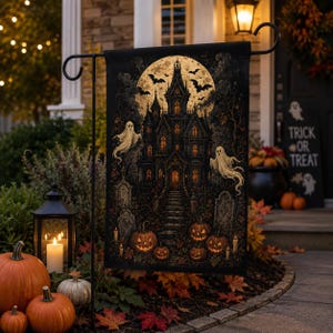 Haunted House Halloween Garden Flag, Ghost Pumpkin Gothic Yard Decor
