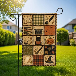 Drapeau de jardin d'Halloween livresque, décoration de jardin d'automne en patchwork de livres fantômes de chat