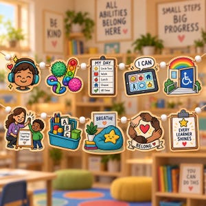 May include: A decorative classroom garland featuring two rows of wooden cutouts with illustrations of inclusive learning tools, a daily schedule, a tablet, a wheelchair-accessible entrance, a teacher and student, and motivational text like Every Learner Shines.