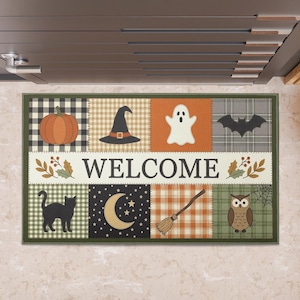 May include: A rectangular doormat featuring a patchwork design with Halloween motifs including a pumpkin, witch hat, ghost, bat, black cat, crescent moon, broom, and owl. The center panel displays the word WELCOME with autumn leaf accents.
