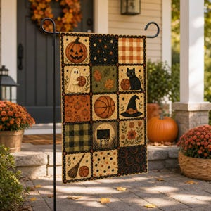 Halloween Basketball Garden Flag, Ghost Pumpkin Sports Patchwork Fall Season Yard Decor