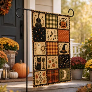 May include: A rectangular garden flag featuring a patchwork design with fifteen squares. The squares display illustrations of a cello, green plaid, a pumpkin with headphones, stars, musical notes, a ghost, orange plaid, a witch hat, a cat, a microphone, pumpkins, leaves, a treble clef, brown plaid, and a crescent moon.