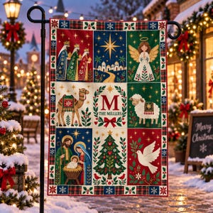 May include: A rectangular garden flag featuring a grid of nine Christmas-themed illustrations, including the Three Wise Men, a nativity scene, an angel, a camel, a sheep, a dove, and a central monogram with the letter M and text THE MILLERS.