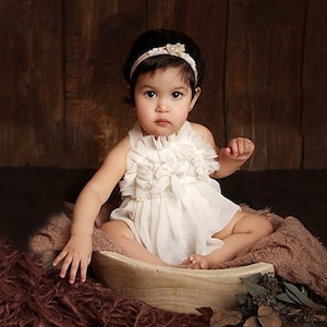 Baby GIRLS cake smash OUTFIT for 1st first birthday Romper | Photography props sitter milestone session (size Newborn - 4 year old) White