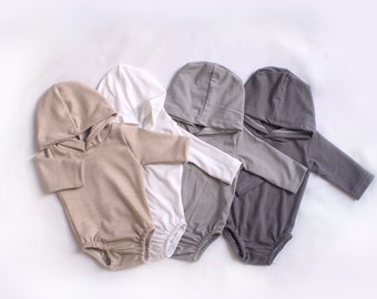 Stretchy HOODIE romper, sweater with Hooded Hat, newborn sitter photography props (Beige, White, Brown, Ivory)