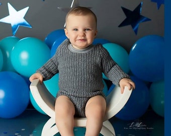 Bulky gray knit romper for sitter photography  props