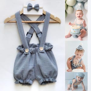 Baby BOYS cake smash OUTFIT for 1st first birthday Romper | Photography props sitter milestone session (size Newborn - 4 year old) Blue