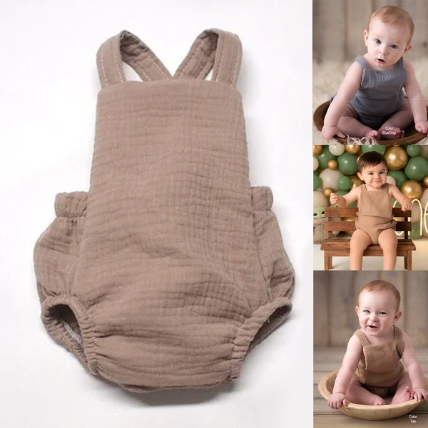 Baby cake smash first birthday Romper outfit for Photography props sitter milestone sessions (TAN beige brown)