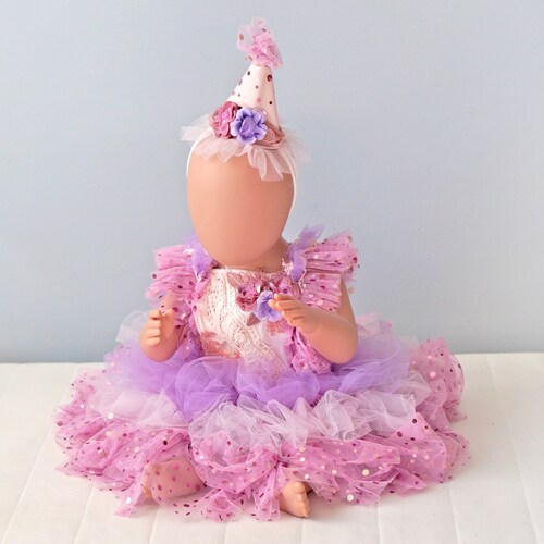 12-18M Pink / Purple / Sparkle Cake Smash DRESS romper, sitter outfit, first birthday party dress, 2024 vintage antique lace lacey ruffles