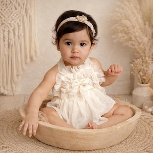 Baby GIRLS cake smash OUTFIT for 1st first birthday Romper | Photography props sitter milestone session (size Newborn - 4 year old) White
