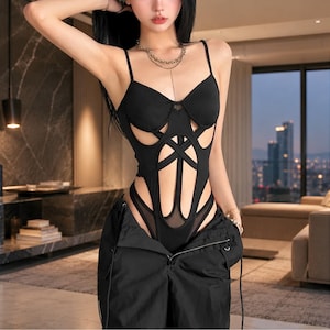 Body pour femme de l'an 2000, haut en résille découpé noir, cadeau pour elle