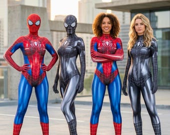 May include: Four full-body spandex suits featuring spider-web patterns. Two suits are red and blue with white spider emblems, and two are black and grey with white spider emblems. Two suits include full-face masks, while two are worn without masks.