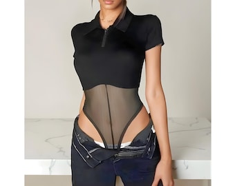 Body z krótkim rękawem, koronkowe body z siateczki Y2k, bielizna modelująca