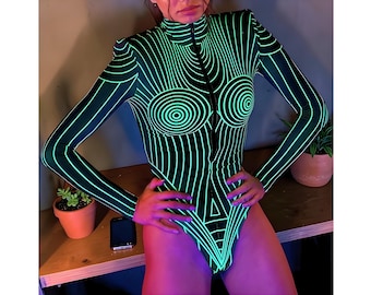 Body fluorescencyjne damskie, kombinezon Rave dla kobiet, body z długim rękawem i nadrukiem