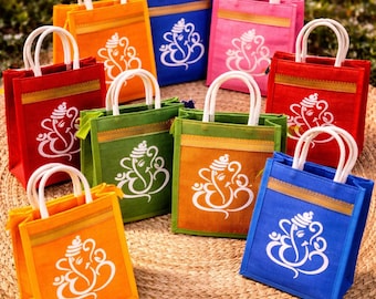 Ganesh en kolam jute cadeauzakjes retour (8 x 10 x 3,5) - bulkverpakking - meerdere kleuren