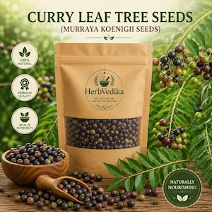 May include: A brown paper pouch labeled HerbVedika containing dark purple curry leaf tree seeds, Murraya koenigii. A wooden bowl and scoop filled with the same seeds sit in front, surrounded by green curry leaves and small round fruit clusters.