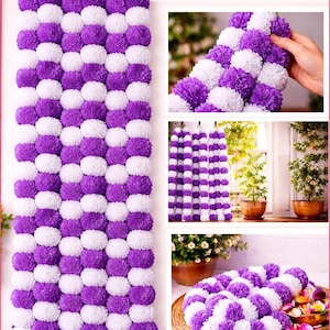 Guirnalda de caléndulas artificiales (1,5 m) - Decoración para festivales y bodas indias - Morado y blanco