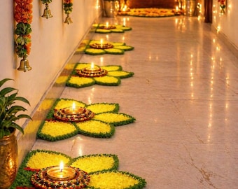 Tapetes reutilizables de loto para Rangoli (37 x 20 cm) - Decoración floral lavable para Diwali y Pooja - Multicolor