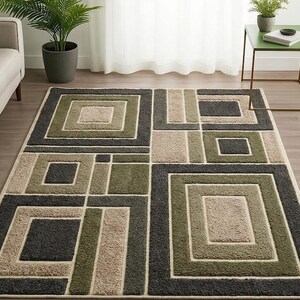 Modern Sage Green Geometric Area Rug - Earthy Abstract Square Pattern Carpet, Soft Plush Floor Decor for Minimalist & Mid-Century Homes.