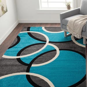 Alfombra geométrica moderna con estampado de círculos en gris azulado, alfombra contemporánea para sala de estar, alfombra suave y mullida para decoración de pisos con diseño abstracto.