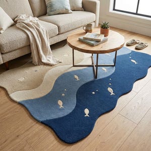 Handgetufteter Ozean-Teppich, gewellter blauer Teppich, Küstenfisch-Teppich, nautischer handgefertigter Teppich, Muschel-Seestern-Dekor, 4x6, 5x7, 6x9, 8x10