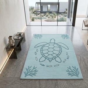 Alfombra de tortuga marina tejida a mano / Alfombra de área azul costera / Alfombra de animales marinos tallada en 3D / Decoración para casa de playa / Arte de piso personalizado para cuarto infantil