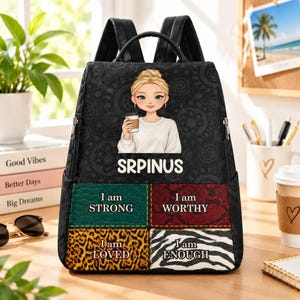 May include: A black backpack featuring a cartoon illustration of a blonde person holding a coffee cup, the text SRPINUS, and four rectangular panels with animal prints and the phrases I am STRONG, I am WORTHY, I am LOVED, and I am ENOUGH.