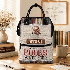 May include: A backpack featuring a newspaper-style print with a central illustration of an owl reading a book. The bag has black handles, a brown rectangular patch with the text SPRINUS, and the text so many BOOKS SO LITTLE TIME.