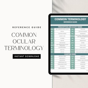 Könnte beinhalten: Ein digitales Tablet zeigt einen Leitfaden mit dem Titel „Common Ocular Terminology“. Der Bildschirm zeigt eine Liste von Begriffen zur Augenpflege, einschließlich Verschreibungs- und Sehschärfebegriffen sowie Diagrammbegriffen. Die Worte „Instant Download“ sind ebenfalls sichtbar.