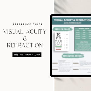 Könnte beinhalten: Ein digitaler Tablet-Bildschirm mit einem Nachschlagewerk zu "Visus und Refraktion". Der Bildschirm zeigt eine Snellen-Tafel und Informationen zum Sehvermögen, einschließlich refraktiver Fehler. Das Wort "Sofort-Download" ist ebenfalls sichtbar.