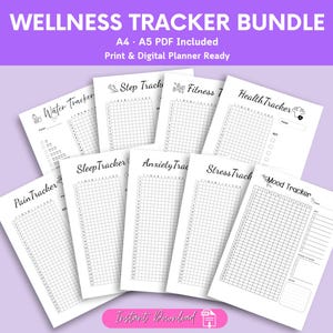 Può includere: Un pacchetto di tracker per il benessere composto da diversi fogli bianchi stampabili con testo e griglie in nero. I titoli includono Water, Step, Fitness, Health, Pain, Sleep, Anxiety, Stress e Mood Tracker. L'intestazione recita WELLNESS TRACKER BUNDLE.