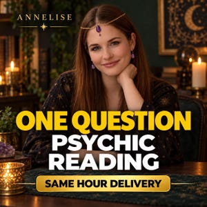 May include: A gold chain headpiece featuring a central purple teardrop gemstone, matching purple teardrop earrings, and a black long-sleeve top with gold star patterns. The text reads ANNELISE, ONE QUESTION PSYCHIC READING, and SAME HOUR DELIVERY.