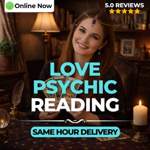 May include: An image advertising a love psychic reading service. The image shows a woman holding tarot cards, with the text "LOVE PSYCHIC READING" and "SAME HOUR DELIVERY". A lit candle and a crystal ball are also visible in the scene.