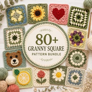 Puede incluir: Una colección de coloridos cuadrados de ganchillo granny con varios diseños, incluyendo flores, corazones y un oso. La imagen también presenta un diseño circular con el texto "80+ Granny Square Pattern Bundle".
