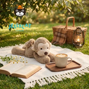 May include: A plush, light brown monkey toy lies on a white blanket with a book and a cup of coffee on a wooden tray. A picnic basket and lantern are in the background. The image has the "Jellycat London" logo.