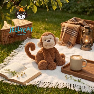 May include: A plush brown monkey toy sits on a white fringed blanket with an open book and a cup of coffee. A picnic basket, a plaid blanket, and a lantern are in the background. The Jellycat London logo is visible.