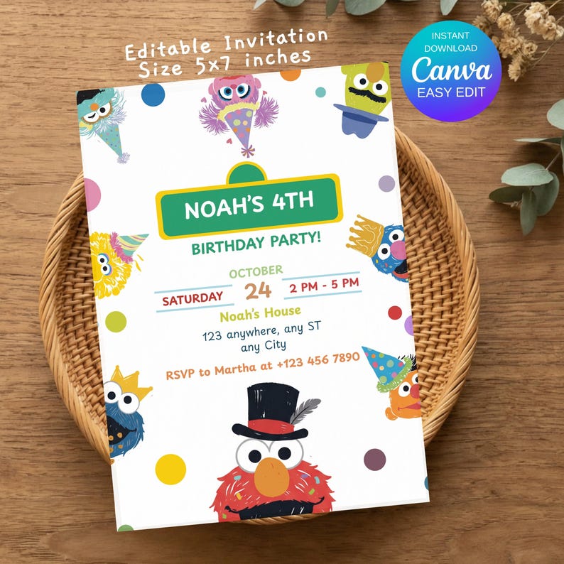 Sesame Street Invitation Editable Elmo Birthday Card Digital Invite ...