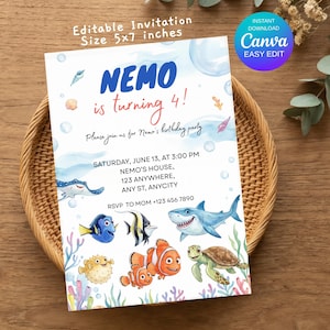 May include: A 5x7 inch birthday invitation card featuring watercolor illustrations of sea creatures including a shark, turtle, and clownfish. The text reads Nemo is turning 4, with event details, and a blue Canva instant download badge.