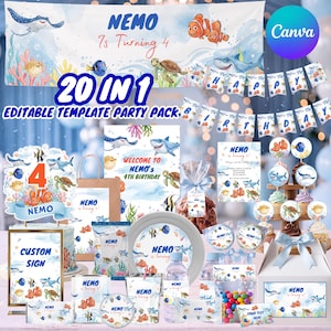 May include: A digital party decoration template set featuring Finding Nemo characters like Nemo, Dory, and Crush. Includes banners, cupcake toppers, signs, and labels with text such as Nemo is Turning 4 and Happy Birthday in blue and orange.
