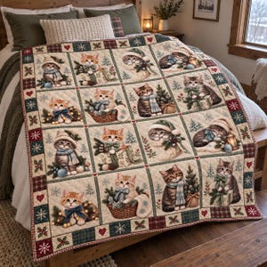 May include: A quilted throw blanket featuring a grid pattern of twelve individual squares, each displaying a kitten in a winter setting with Christmas trees, presents, and festive bows. The border is decorated with red hearts and white snowflakes.